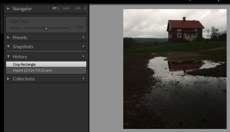 A photo of a house with a puddle in the background.