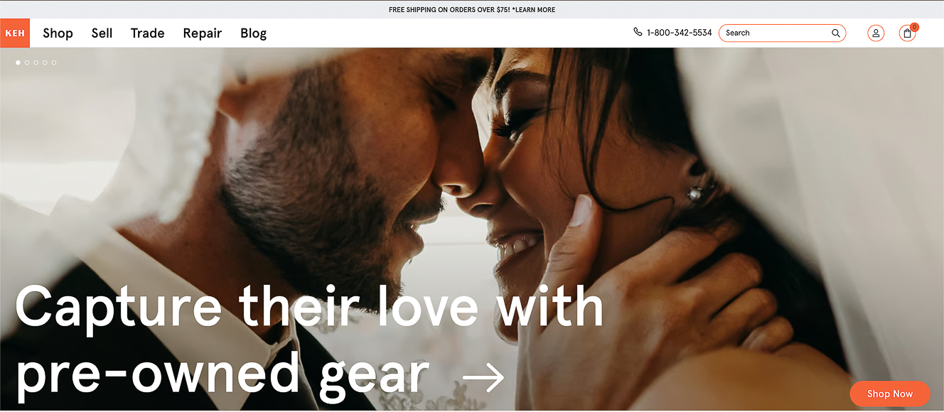 A man and woman in a close and affectionate pose, nose to nose, with a prominent caption "capture their love with pre-owned gear" indicating an advertisement for camera equipment.