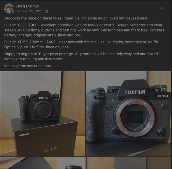 A photograph of a second-hand fujifilm x-t3 camera along with its accessories displayed for sale by an individual, highlighting the condition and inclusions of the offer.
