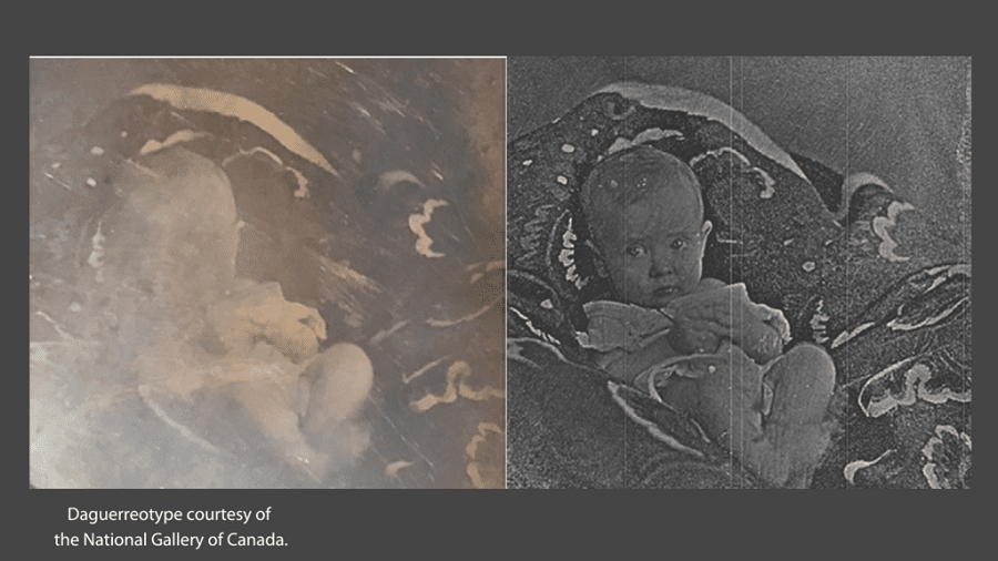 Daguerreotype collage; left image shows abstract cloudy patterns, right image features a baby wrapped in a patterned blanket, both in monochrome.