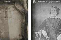 Side-by-side comparison of a tarnished photograph and its clear image retrieved using synchrotron x-ray, showing a woman in mid-19th century attire.