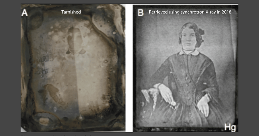 A: tarnished old photograph with barely visible details. b: clearer image of the same photograph retrieved using synchrotron x-ray in 2018, showing a woman sitting with her hands clasped.