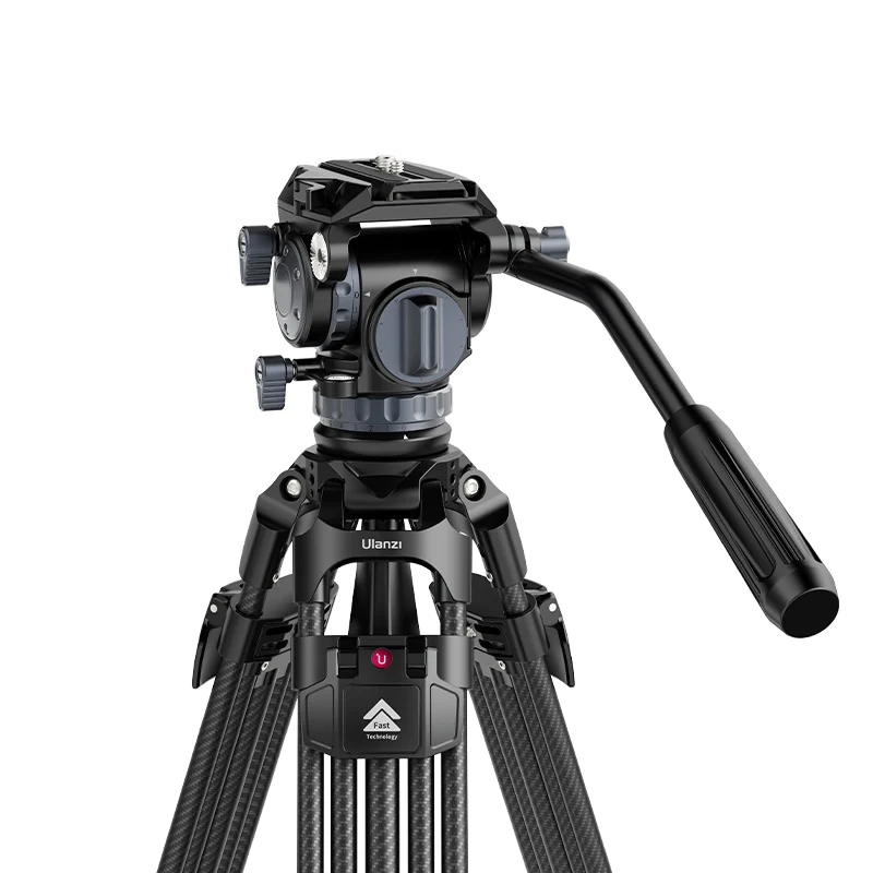 Professional black tripod with a fluid head and extendable legs, featuring a control arm and brand logo visible.