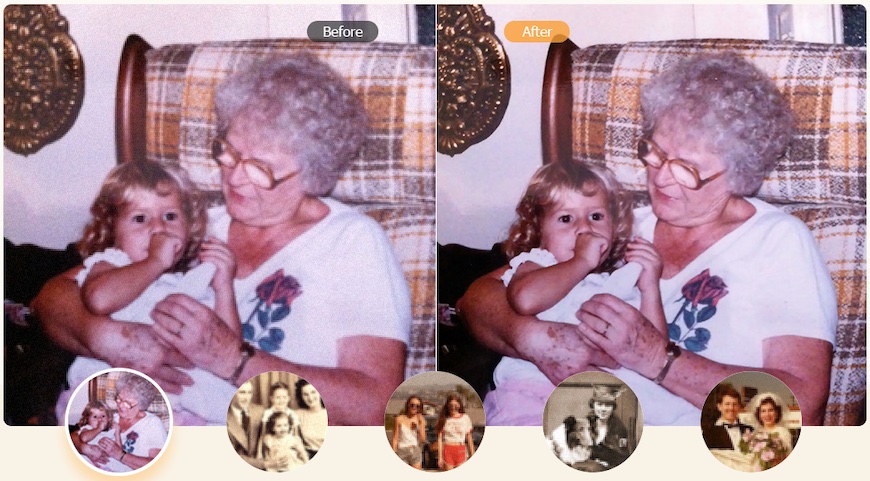 An elderly woman holding a toddler, before and after photo restoration. insets show additional image alterations.