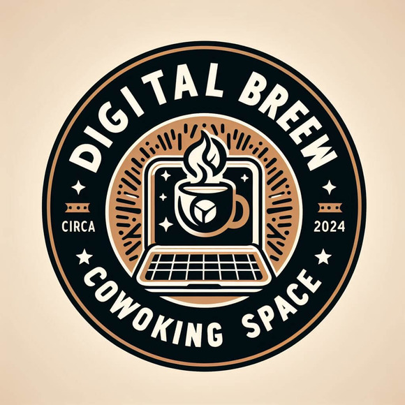 A logo for "digital brew coworking space," featuring a steaming coffee cup above a laptop, with a vintage design indicating it was established in 2024.