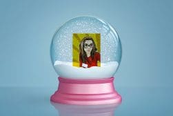 A portrait of a woman encased in a pink snow globe.