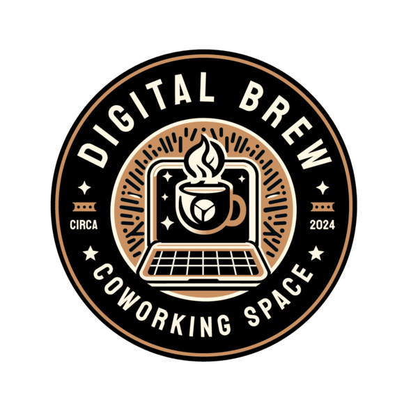 A logo for "digital brew coworking space, circa 2024," featuring a stylized cup of coffee on a laptop.