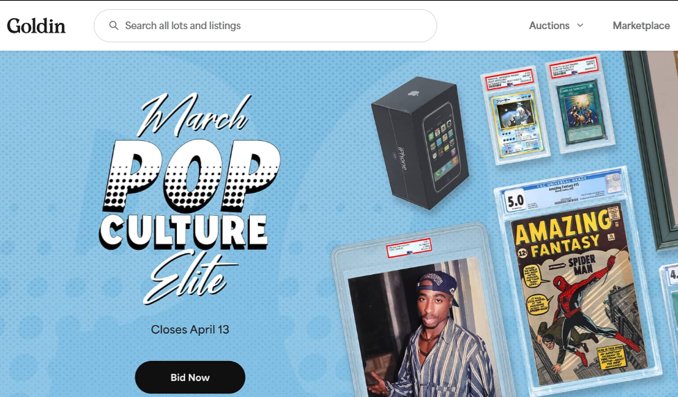 Website landing page promoting a pop culture-themed auction with various collectible items, including cards, comic books, and a photo, with a closing date of april 13.