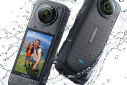 Two insta360 waterproof cameras splashing in water, displaying a vibrant photo of two smiling people on one screen.