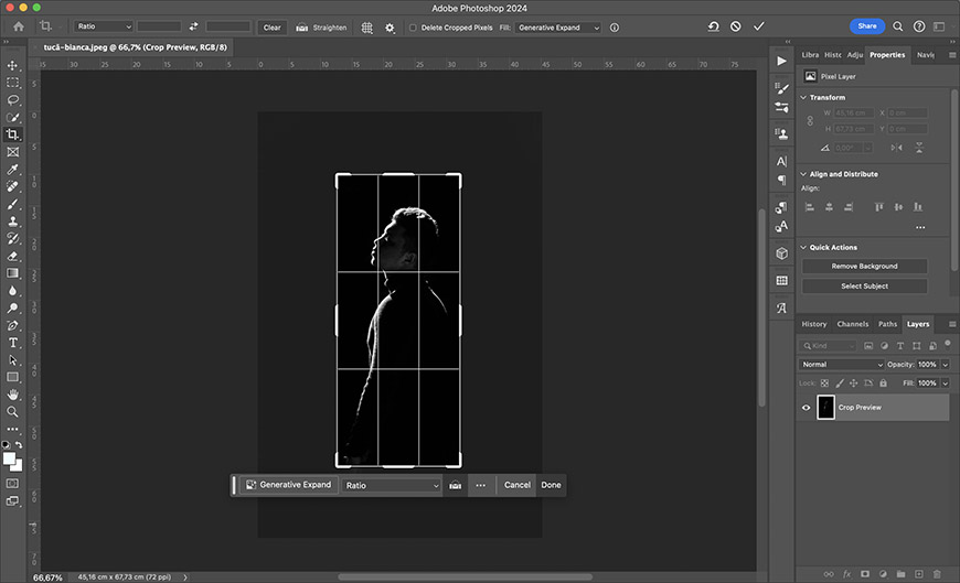 Screenshot of adobe photoshop editing interface showing a black and white photo of a man's silhouette in the crop tool window.