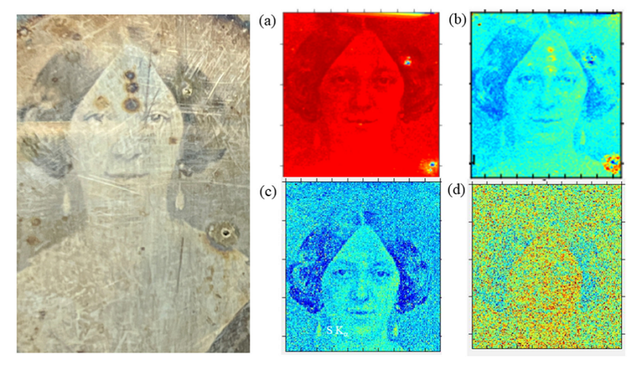An array of images showing various image processing techniques on a depiction of a face, including thermal imaging and color-coded detail enhancements.
