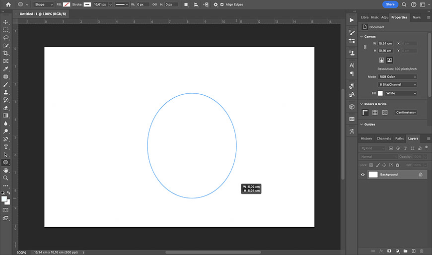 A screenshot of adobe photoshop interface showing a blank canvas with a single blue circle drawn in the center.
