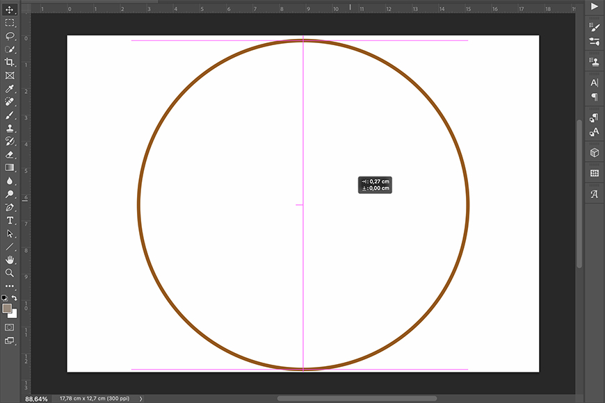A digital graphic showing a large circle with a thin orange outline, centered by crosshairs and annotated with dimensions in a software interface.