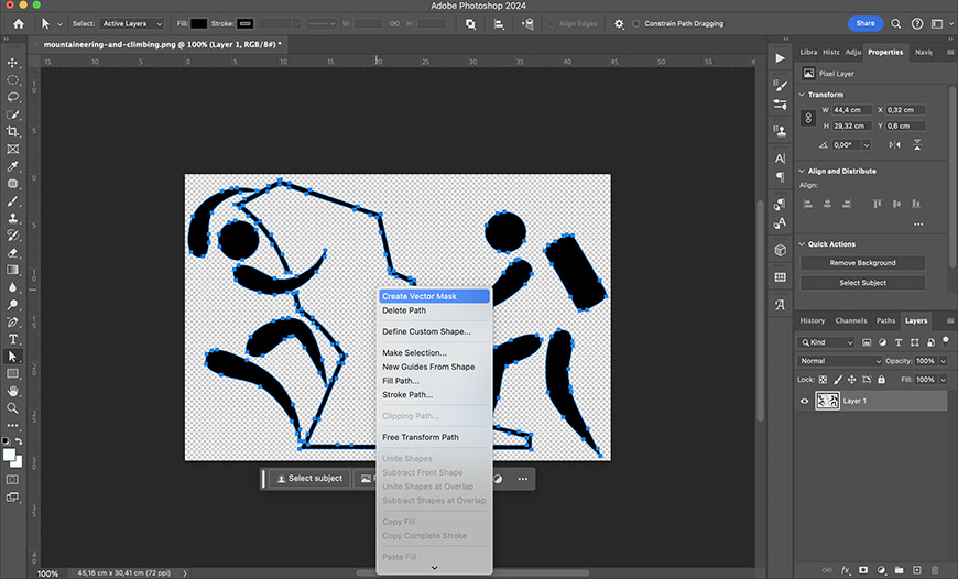 Screenshot of adobe photoshop interface with a work in progress, showing a blue abstract image being edited, with right-click menu open on 'create vector mask'.