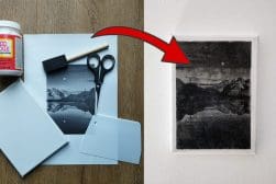 Tools and materials for mounting a photograph are shown alongside the finished result on a wall.