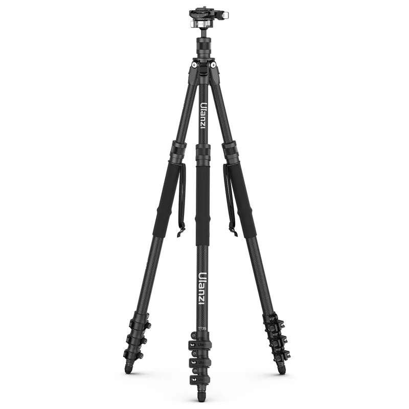 Black ulanzi camera tripod with adjustable legs and a compact ball head, isolated on a white background.