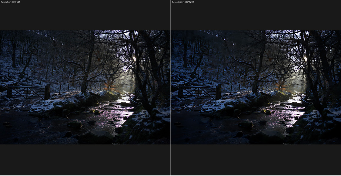 A split image showing a snowy forest scene with a wooden gate across a stream, captured at night and artificially lit to simulate daylight on the right.