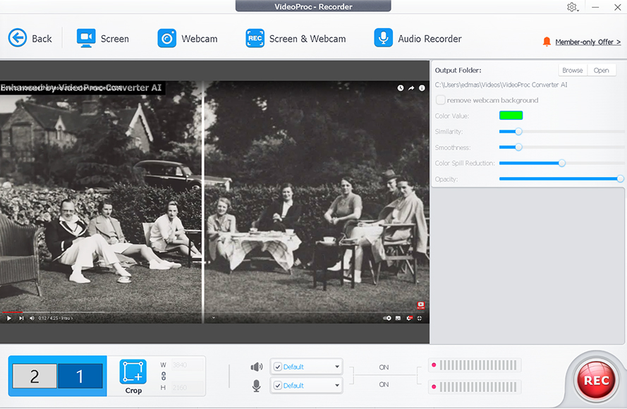 A screenshot of a video editing software interface showing a black-and-white video of people sitting outdoors, with editing tools visible on the right side of the screen.