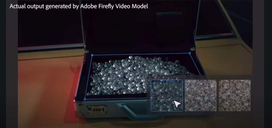 A briefcase filled with shimmering diamonds, with a focus box highlighting a specific section of the gems, demonstrating the output of adobe firefly video model.