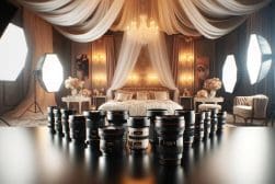 An elaborate photography studio setup with multiple camera lenses in the foreground and a luxuriously decorated bedroom scene in the background, illuminated by professional lighting.