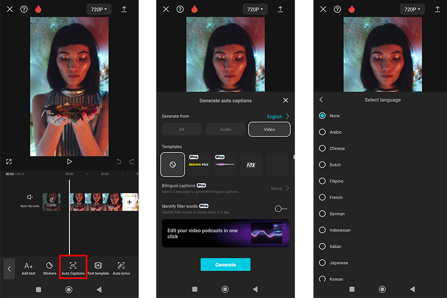 A screenshot of a smartphone interface showing a photo editing app with various filter effects applied to a woman's portrait.