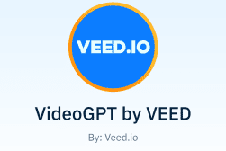 Logo of veed.io, featuring a blue circle with the text "veed.io" inside, and the caption "videogpt by veed" below, all against a light gray background.