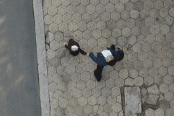 Arial view of two people walking on a patterned pavement, one person appears to be looking at their phone.