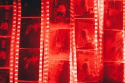 Exposed film negatives in red light.