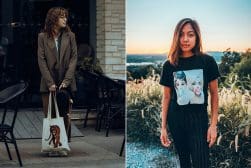 Two women posing outdoors at different times of day, one in a blazer with a tote bag and the other in a graphic t-shirt against a sunset backdrop.