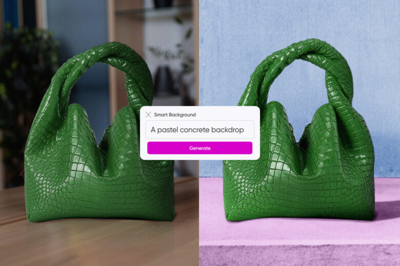 Two green crocodile-textured handbags on different pastel-colored backgrounds, displayed side by side with a background editing tool visible.