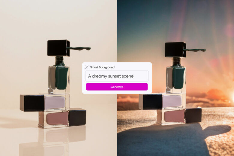 Two bottles of nail polish on a surface with a dreamy sunset background, one image showing the smart background tool interface.