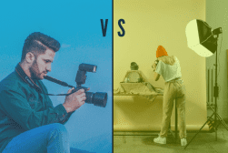 Split image showing a man shooting a video on the left, and a woman taking a photo in a studio setup on the right, with a "vs" graphic in the center.
