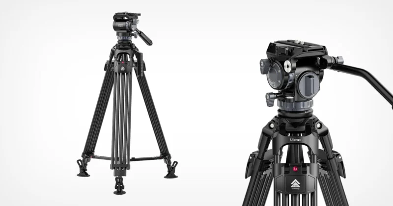 Two professional tripods against a gray background, with one fully extended and the other showing a close-up of its head and controls.