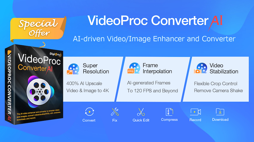 Promotional graphic for videoproc converter ai highlighting features like ai-driven enhancement, frame interpolation, and video stabilization, with special offer banner.