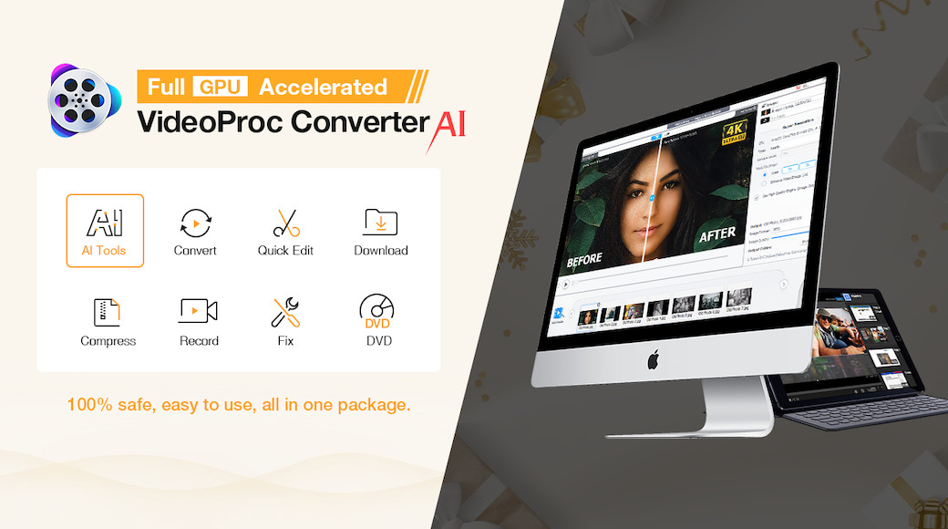 An advertisement for videoproc converter ai software, featuring a desktop and laptop displaying the software interface with ai-enhanced video editing tools.