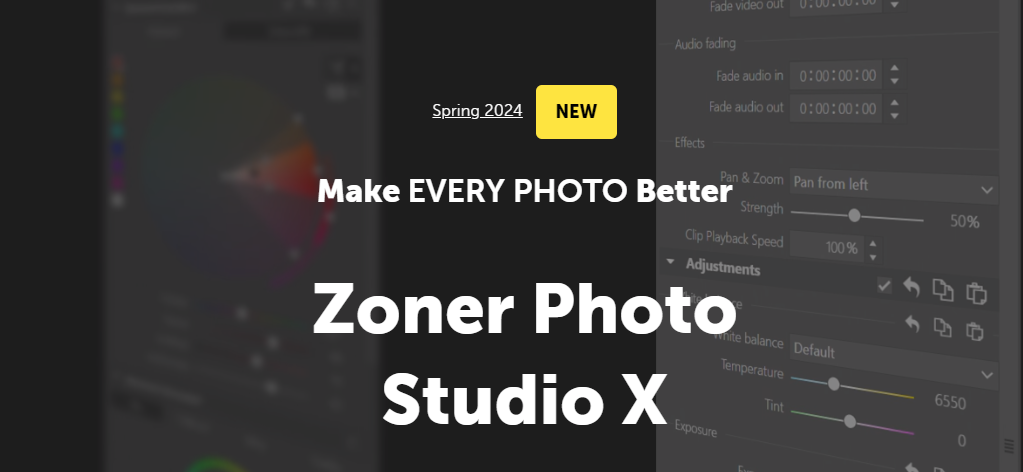 Promotional graphic for zoner photo studio x software, highlighting new features with a blurred interface background.