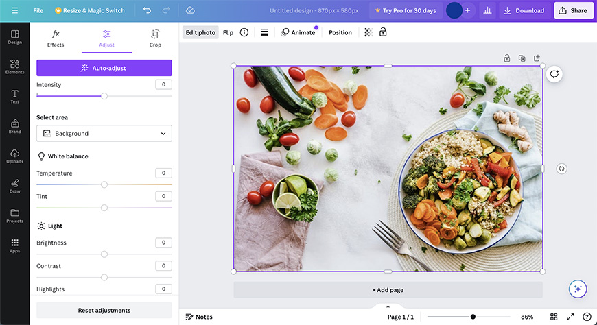 A graphic design software interface displaying editing tools on the left, with an image of a healthy meal featuring vegetables and grains on the screen.