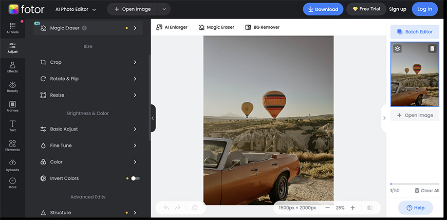 Screenshot of a photo editing interface with a sidebar of editing tools and a preview of a photo featuring a convertible car and hot air balloons in the background.