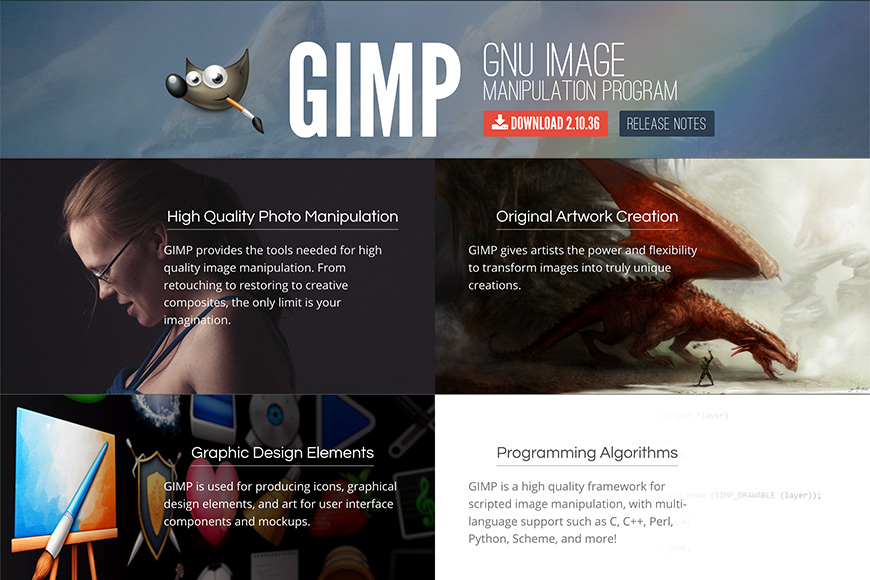 Screenshot of gimp software's homepage showcasing features, download options, and digital artwork with a fantasy creature.