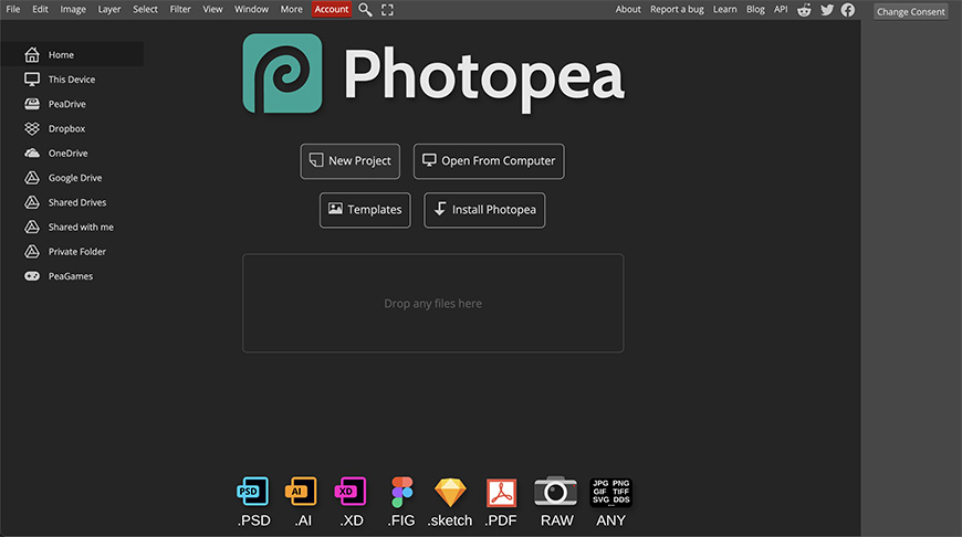 Screenshot of the photopea online graphics editor interface featuring menu options and buttons for creating a new project or opening files.