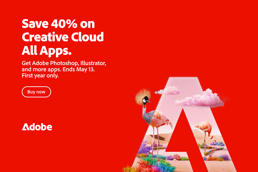 Promotional graphic for adobe featuring a 40% discount on all creative apps with images of flamingos and creative landscapes merging into a cloud, against a red background.
