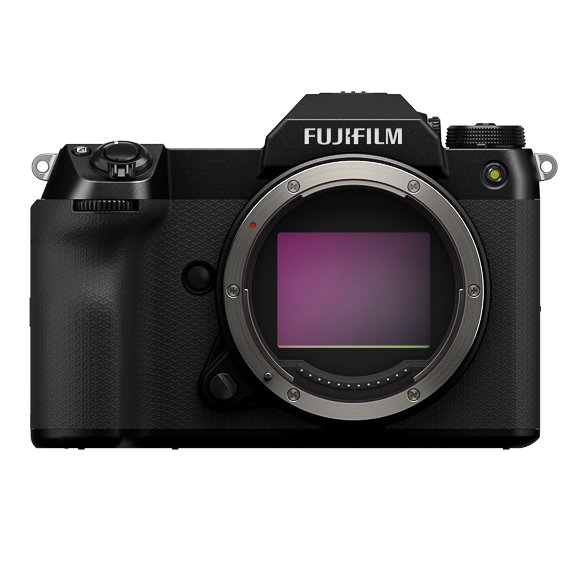 A Fujifilm digital camera body with a visible sensor, shown from the front. The model is black with a textured grip and a prominent lens mount.