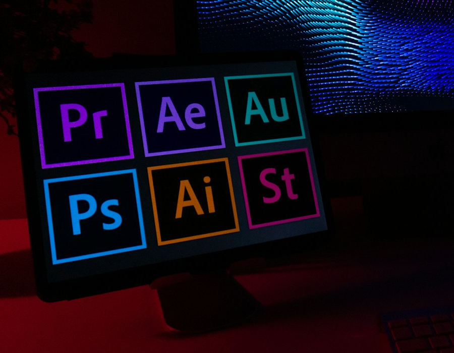 A computer monitor displaying colorful software icons for video and graphic editing in a dark room with ambient lighting.