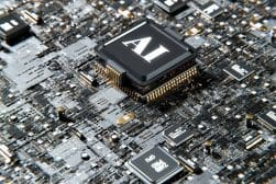 Central ai processor chip mounted on a detailed, dense motherboard with various electronic components in close-up view.