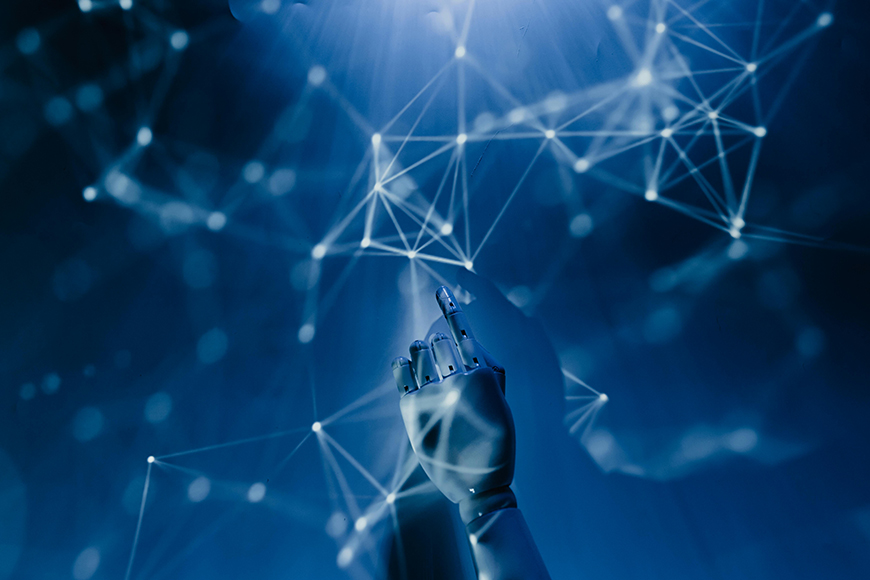 A robotic hand reaches toward a digital network of interconnected nodes and lines, with a blue-toned futuristic background.