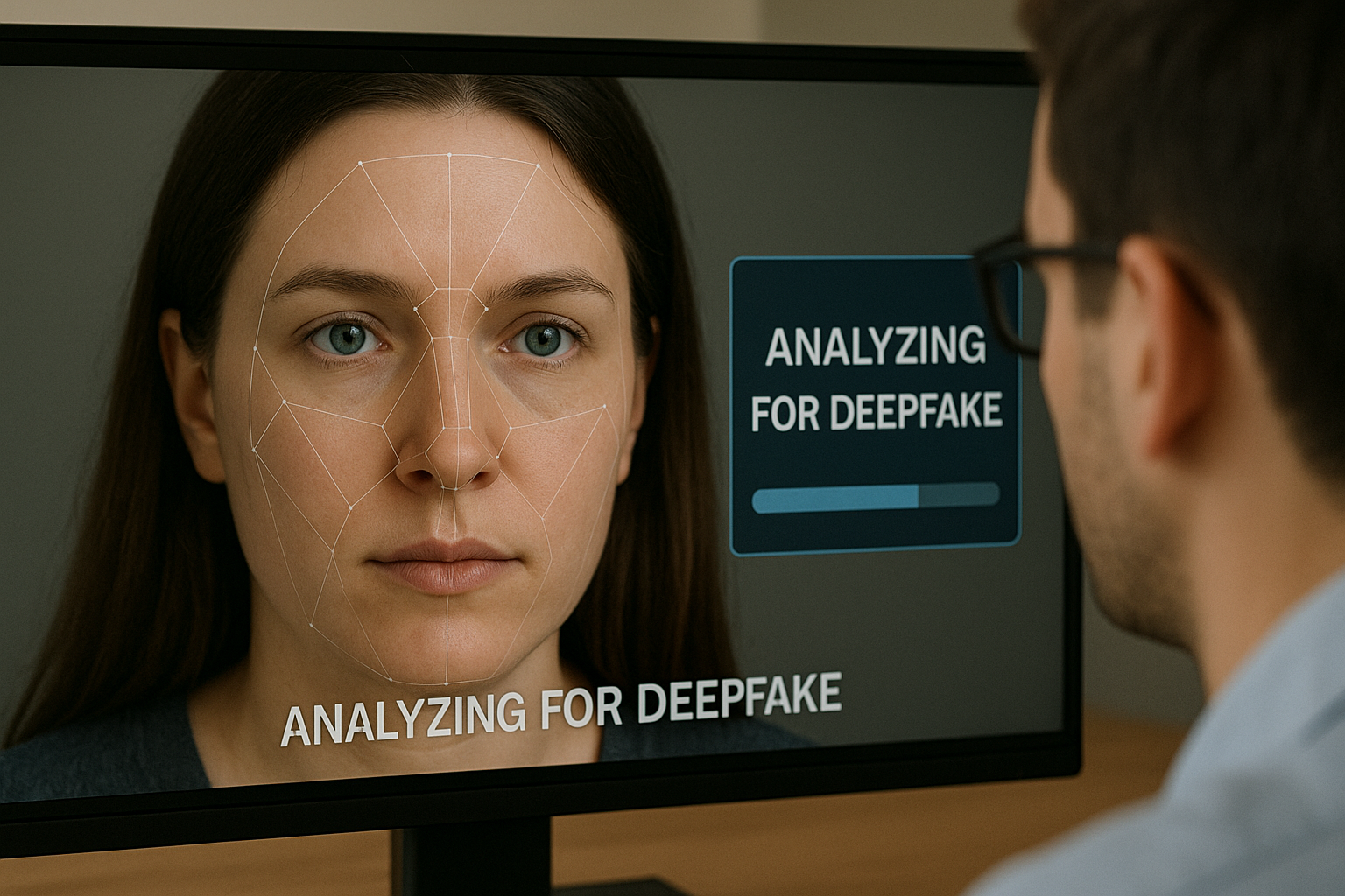 A person views a computer screen showing facial detection lines on a woman's face with the text "ANALYZING FOR DEEPFAKE" and a progress bar.