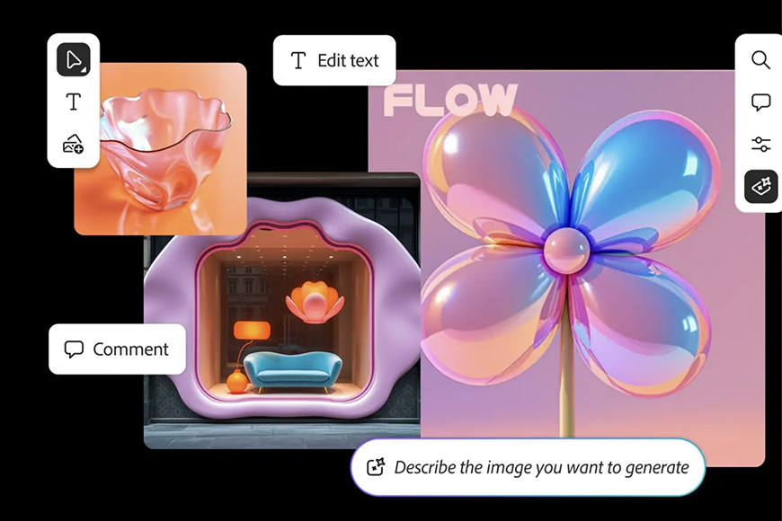 A digital collage featuring a pink glass bowl, a 3D-rendered flower-shaped couch, a colorful balloon flower, and interface icons for text editing and comments.