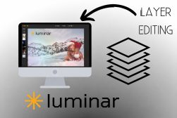 Computer screen displays Luminar photo editing software; adjacent graphics show layered editing capability and the Luminar logo.