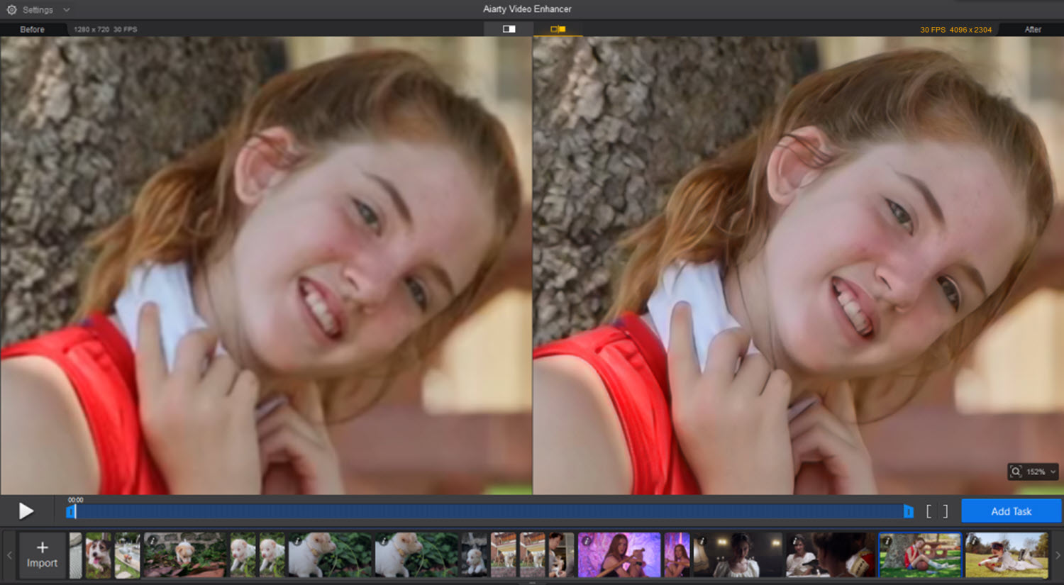 Screenshot before and after aiarty upscale portrait footage