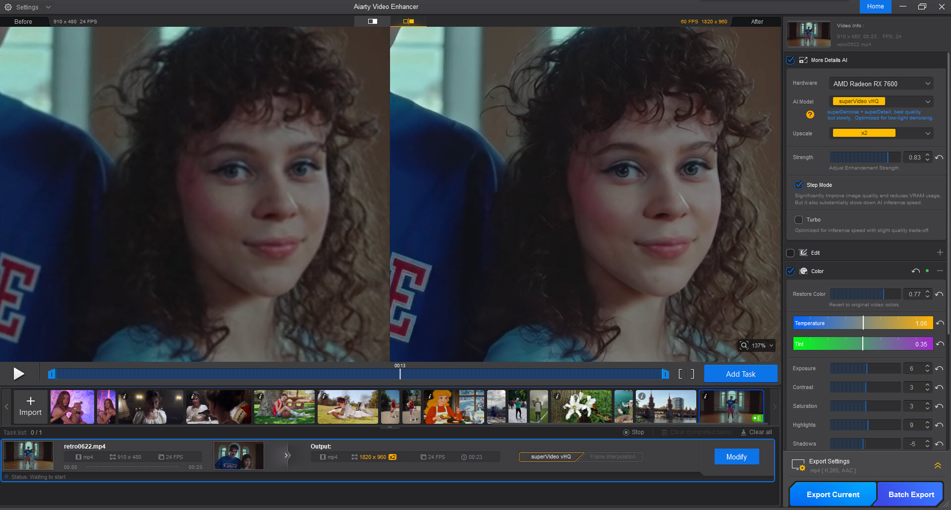 aiarty screenshot before and after restoring old video footage